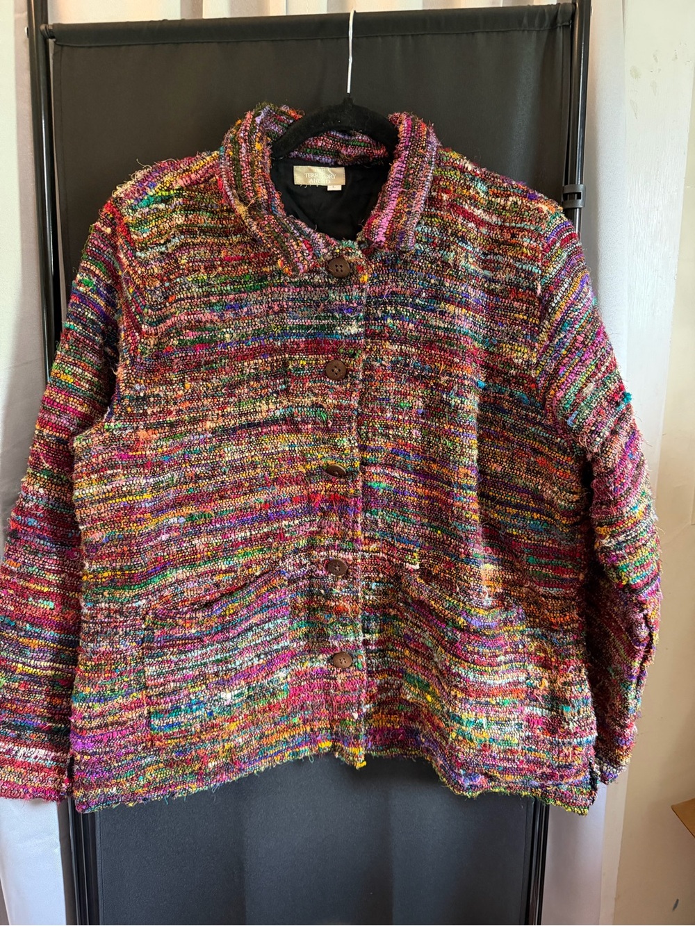 The Territory Ahead Multicolor Tapestry Knit Button-Up Blazer in Pink & Green